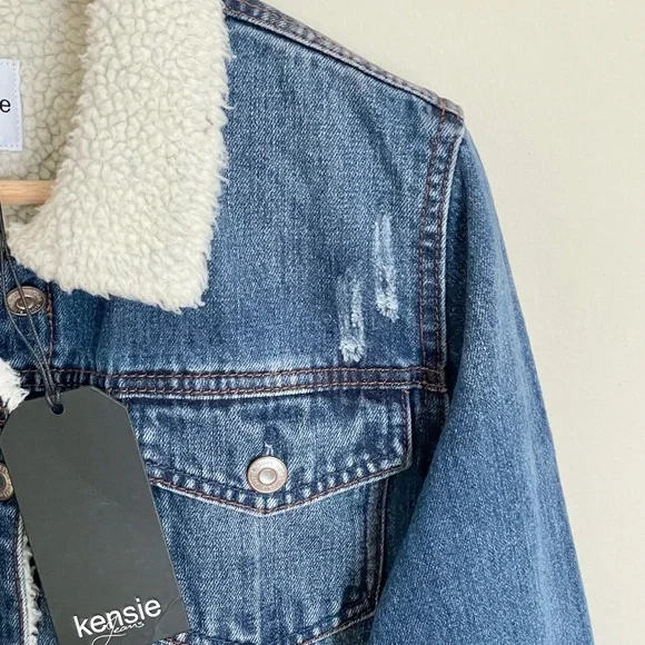 NEW Kensie Jeans Fur Lined Distressed Button Trucker Jacket Women’s Large - Picture 5 of 11